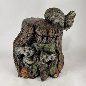 Vtg Ceramic Cookie Jar Lidded Koala Bear Tree Stump Mushroom Brown Gray 90s